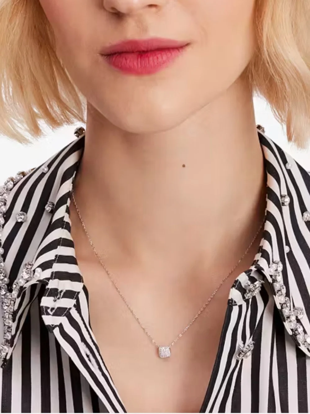 New Kate Spade Pave Square Silver Necklace With Gift Bag